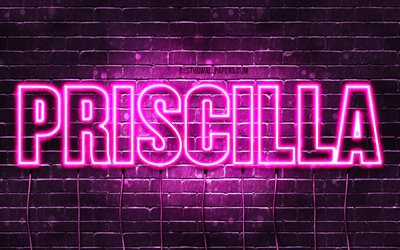 Priscilla, 4k, wallpapers with names, female names, Priscilla name, purple neon lights, horizontal text, picture with Priscilla name