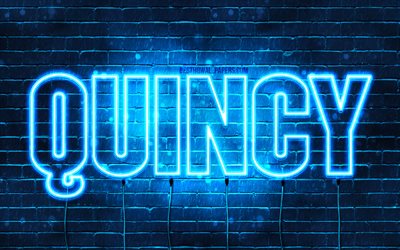 Quincy, 4k, wallpapers with names, horizontal text, Quincy name, blue neon lights, picture with Quincy name