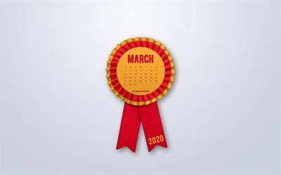 2020 March calendar, red silk ribbon sign, 2020 spring calendars, March, silk badge, gray background, March 2020 Calendar