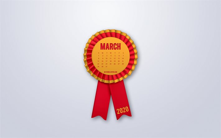 2020 Marzo calendario, nastro di seta rossa, segno, 2020 primavera calendari, Marzo, seta distintivo, sfondo grigio, Marzo 2020 Calendario