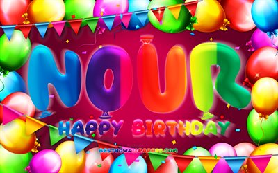 Happy Birthday Nour, 4k, colorful balloon frame, Nour name, purple background, Nour Happy Birthday, Nour Birthday, popular french female names, Birthday concept, Nour
