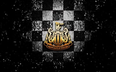 Newcastle United FC, glitter logo, Premier League, black checkered background, soccer, FC Newcastle United, english football club, Newcastle United logo, mosaic art, football, England