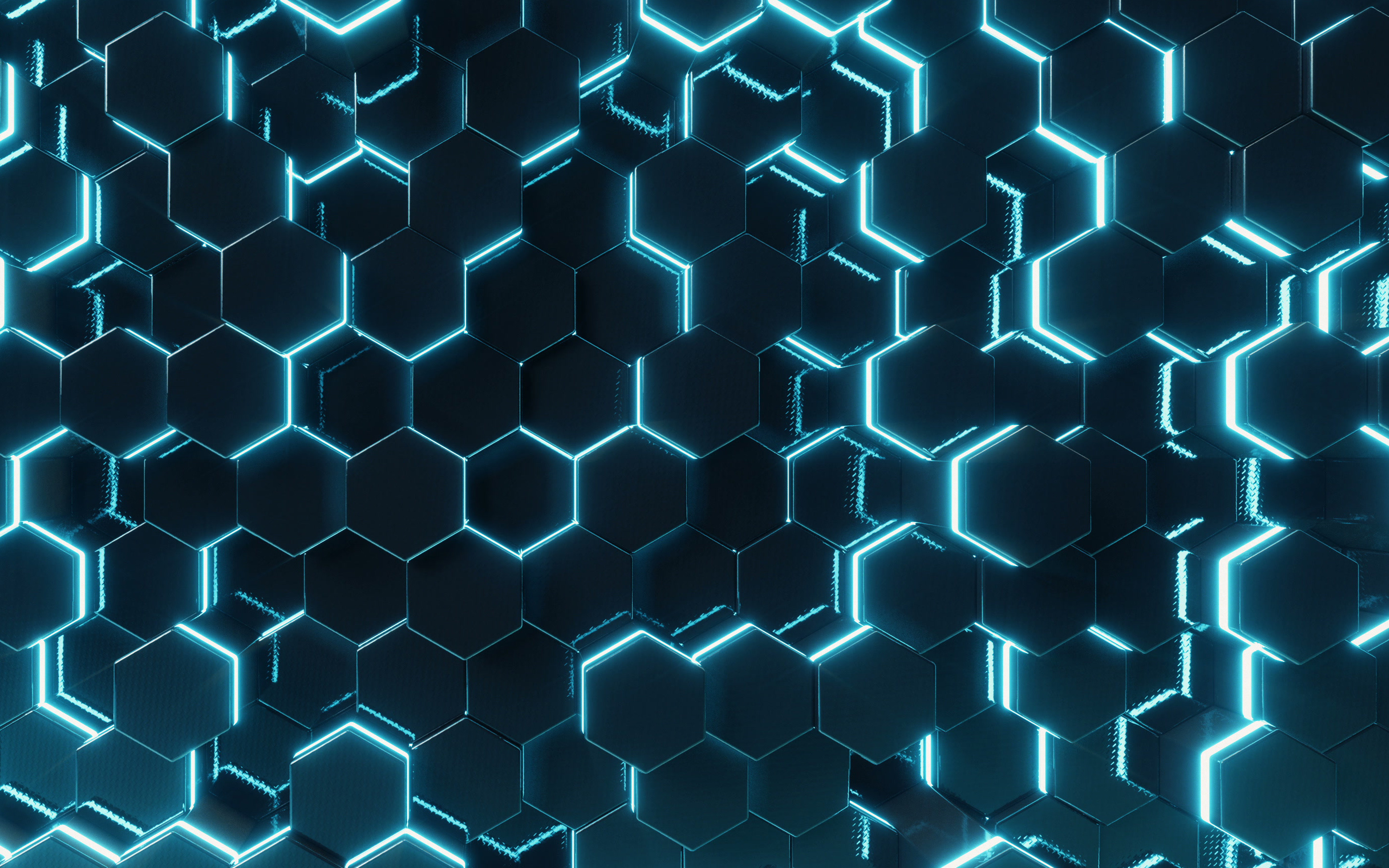 Download wallpapers neon blue background, hexagon neon 3d background