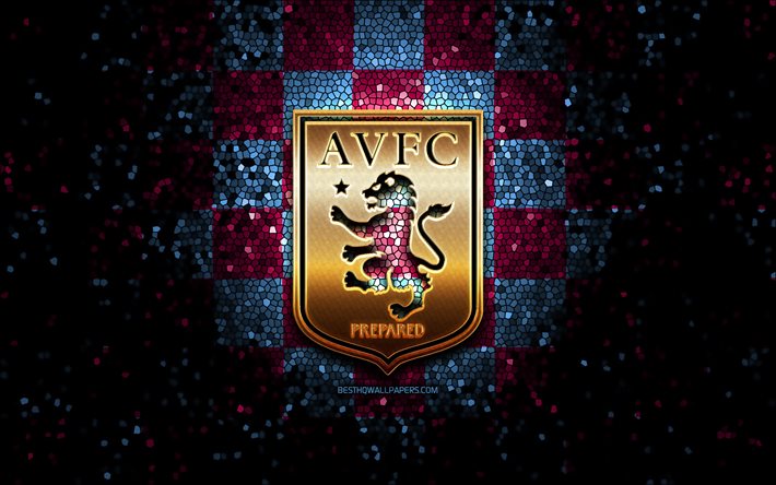 O Aston Villa FC, glitter logotipo, Premier League, roxo fundo quadriculado, futebol, clube de futebol ingl&#234;s, O Aston Villa logotipo, arte em mosaico, Inglaterra