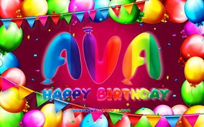 お誕生日おめでAva, 4k, カラフルバルーンフレーム, エヴァ氏名, 紫色の背景, Avaお誕生日おめで, エヴァ誕生日, 人気のフランスの女性の名前, 誕生日プ, Ava