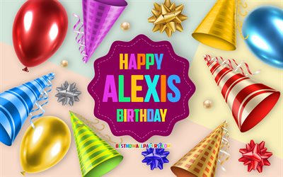 Happy Birthday Alexis, 4k, Birthday Balloon Background, Alexis, creative art, Happy Alexis birthday, silk bows, Alexis Birthday, Birthday Party Background