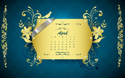 2020 calendario de abril, vintage azul de fondo, 2020 primavera calendarios, retro, arte, ornamentos de oro, abril de 2020 Calendario, de primavera, de abril de