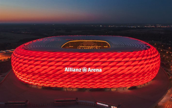 Allianz Arena, German football stadium, Munich, Germany, FC Bayern Munich Stadium, evening, sunset, red light