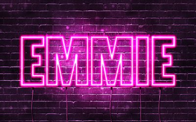 Emmie, 4k, wallpapers with names, female names, Emmie name, purple neon lights, horizontal text, picture with Emmie name