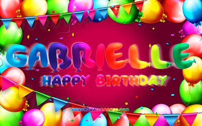 お誕生日おめでガブリエル, 4k, カラフルバルーンフレーム, ガブリエル名, 紫色の背景, ガブリエルお誕生日おめで, ガブリエル誕生日, 人気のフランスの女性の名前, 誕生日プ, ガブリエル
