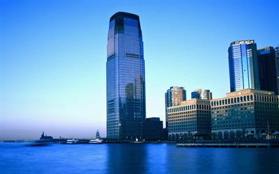 30 Hudson Street, Goldman Sachs Tower, Jersey City, New Jersey, skyskrapor, kv&#228;ll, sunset, USA