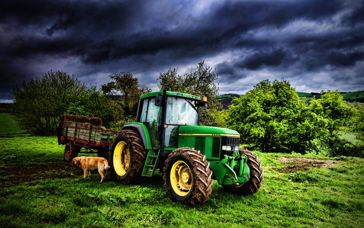Download wallpapers John Deere 6600, picking grass, green tractor, HDR,  agricultural machinery, harvest, agriculture, John Deere for desktop free.  Pictures for desktop free