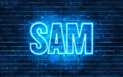 Sam, 4k, les papiers peints avec les noms, le texte horizontal, nom Sam, bleu n&#233;on, une photo avec le nom Sam