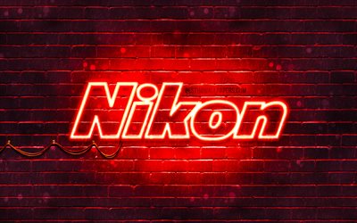 Nikon red logo, 4k, red brickwall, Nikon logo, brands, Nikon neon logo, Nikon