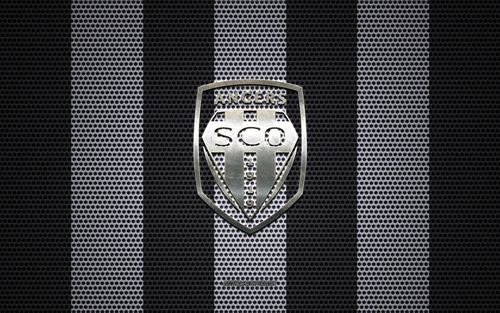 angers sco-logo, franz&#246;sische fu&#223;ball-club, metall-emblem, schwarzen und wei&#223;en metall mesh-hintergrund, angers sco, ligue 1, angers, frankreich, fu&#223;ball