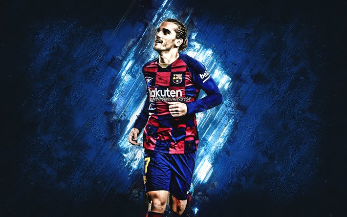 Antoine Griezmann, FC Barcelona, Ranskalainen jalkapalloilija, sininen luova tausta, Katalonian football club, Liiga, Espanja, jalkapallo