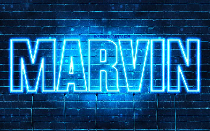 Marvin, 4k, wallpapers with names, horizontal text, Marvin name, blue neon lights, picture with Marvin name