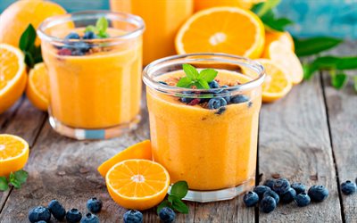 orange smoothies, healthy food, oranges, blueberries, smoothie glass, smoothies