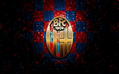 Bologna FC, glitter logo, Serie A, blue red checkered background, soccer, FC Bologna, italian football club, Bologna logo, mosaic art, football, Italy