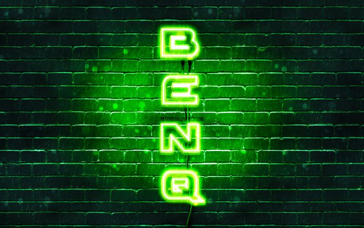4K, BenQ logotipo verde, texto vertical, verde brickwall, BenQ neon logotipo, criativo, BenQ logotipo, obras de arte, BenQ