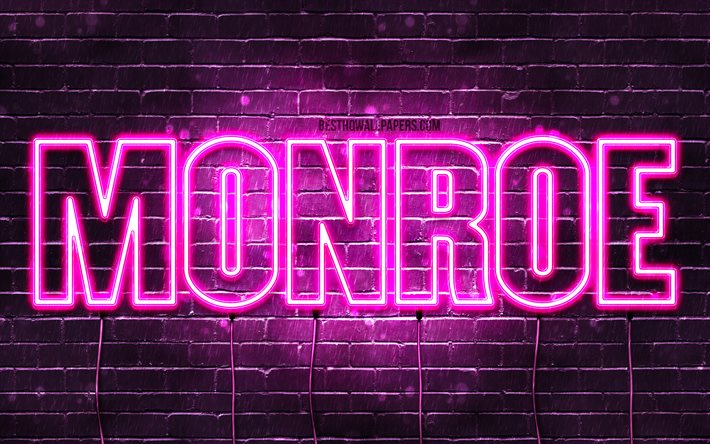 Monroe, 4k, wallpapers with names, female names, Monroe name, purple neon lights, horizontal text, picture with Monroe name