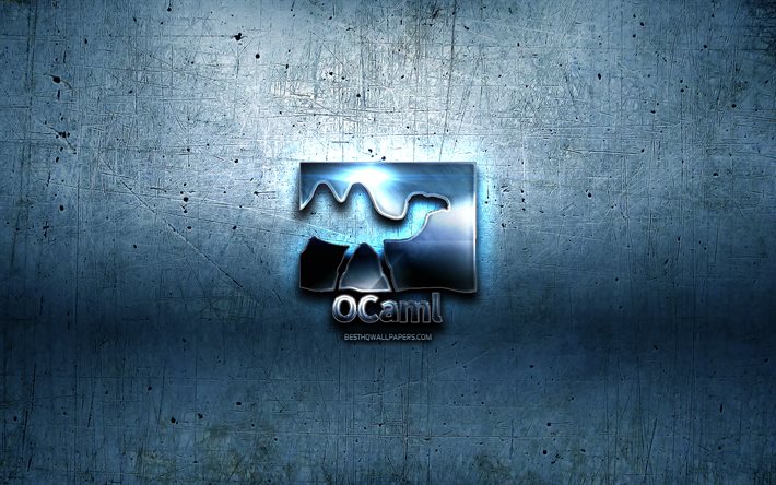 OCaml metal logo, grunge, programming language signs, blue metal background, OCaml, creative, programming language, OCaml logo