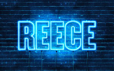 Reece, 4k, sfondi per il desktop con i nomi, il testo orizzontale, Reece nome, neon blu, immagine con nome Reece