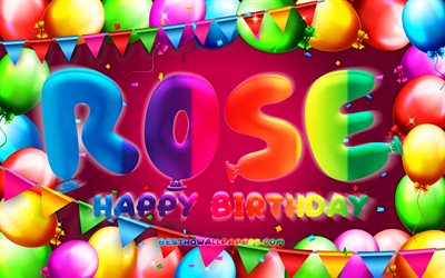 Happy Birthday Rose, 4k, colorful balloon frame, Rose name, purple background, Rose Happy Birthday, Rose Birthday, popular french female names, Birthday concept, Rose