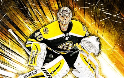 4k, Tuukka Rask, grunge de l&#39;art, de la LNH, les Bruins de Boston, les joueurs de hockey, jaune abstrait rayons, Tuukka Mikael Rask, etats-unis, Tuukka Rask des Bruins de Boston, le hockey