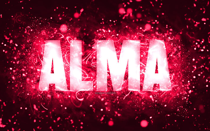 alles gute zum geburtstag alma, 4k, rosa neonlichter, alma-name, kreativ, alma alles gute zum geburtstag, alma-geburtstag, beliebte amerikanische weibliche namen, bild mit alma-namen, alma