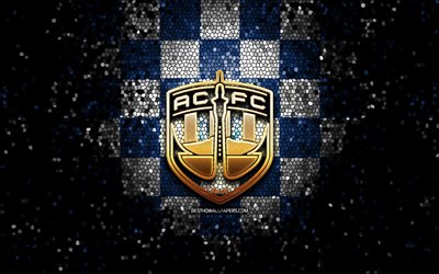 auckland city fc, logo glitter, campionato di calcio della nuova zelanda, sfondo a scacchi bianco blu, calcio, squadra di calcio della nuova zelanda, logo di auckland city, arte del mosaico, auckland city