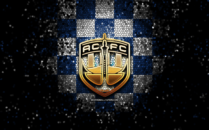 auckland city fc, logo glitter, campionato di calcio della nuova zelanda, sfondo a scacchi bianco blu, calcio, squadra di calcio della nuova zelanda, logo di auckland city, arte del mosaico, auckland city