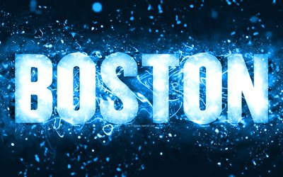 お誕生日おめでとうボストン, 4k, 青いネオンライト, ボストンの名前, クリエイティブ, ボストンお誕生日おめでとう, ボストンの誕生日, 人気のあるアメリカ人男性の名前, ボストンの名前の写真, ボストン