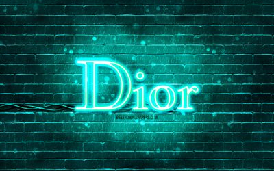 dior turquoise logo, 4k, turquoise brickwall, dior logo, marques de mode, dior n&#233;on logo, dior