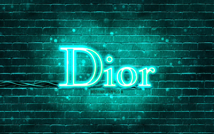 dior-t&#252;rkis-logo, 4k, t&#252;rkis brickwall, dior-logo, modemarken, dior-neon-logo, dior
