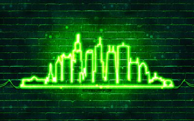 chicago verde silhueta de neon, 4k, verde luzes de neon, chicago skyline silhueta, verde brickwall, cidades americanas, neon skyline silhuetas, eua, chicago silhueta, chicago