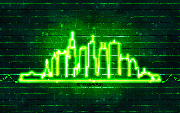 Chicago green neon silhouette, 4k, green neon lights, Chicago skyline silhouette, green brickwall, american cities, neon skyline silhouettes, USA, Chicago silhouette, Chicago