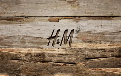 H and M wooden logo, 4K, wooden backgrounds, brands, H and M logo, creative, wood carving, H and M