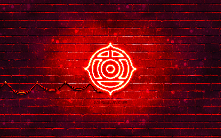 hitachi logo rouge, 4k, mur de brique rouge, logo hitachi, marques, logo n&#233;on hitachi, hitachi