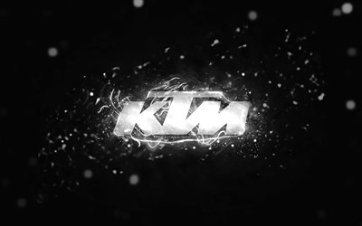 KTM white logo, 4k, white neon lights, creative, black abstract background, KTM logo, brands, KTM