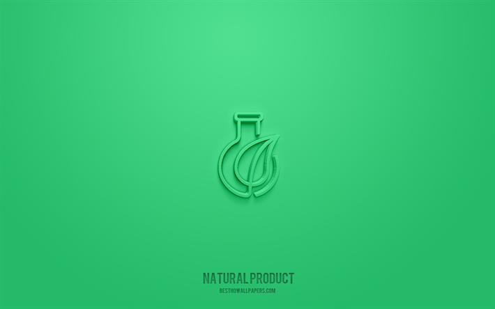 المنتج الطبيعي رمز 3d, خلفية خضراء, رموز ثلاثية الأبعاد, منتج طبيعي, أيقونات الطعام, أيقونات ثلاثية الأبعاد, علامة المنتج الطبيعي, أيقونات 3d الغذاء