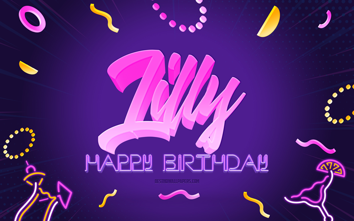お誕生日おめでとうリリー, 4k, 紫のパーティーの背景, リリー, クリエイティブアート, リリーの誕生日おめでとう, リリーの名前, リリーの誕生日, 誕生日パーティーの背景