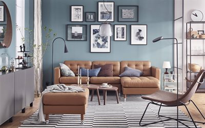 sala de estar, design de interiores elegante, sof&#225; de couro marrom, interior moderno, paredes cinzentas, ideia de sala de estar