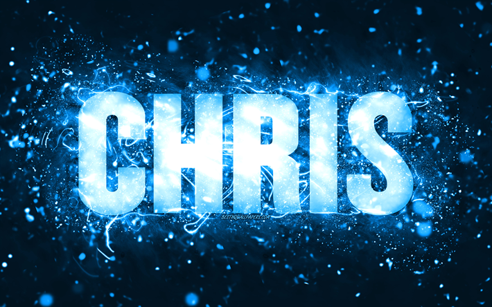buon compleanno chris, 4k, luci al neon blu, nome chris, creativo, chris happy birthday, chris birthday, nomi maschili americani popolari, foto con nome chris, chris
