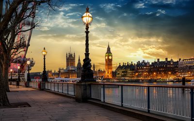 big ben, london, kv&#228;ll, solnedg&#229;ng, themsen, london stadsbild, england, london landmark