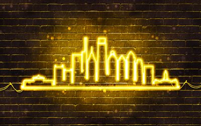 philadelphia gelbe neon-silhouette, 4k, gelbe neonlichter, philadelphia-skyline-silhouette, gelbe brickwall, amerikanische st&#228;dte, neon-skyline-silhouetten, usa, philadelphia-silhouette, philadelphia