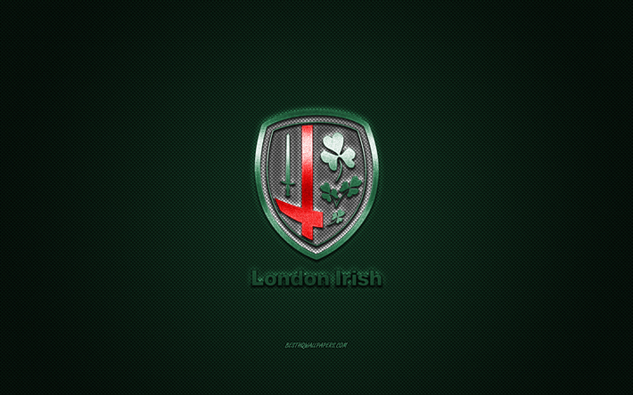 London Irish, English rugby club, red logo, green carbon fiber background, Super League, rugby, Surrey, England, London Irish logo