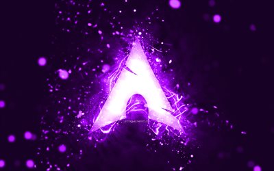 archlinuxバイオレットロゴ, 4k, バイオレットネオンライト, クリエイティブ, 紫の抽象的な背景, archlinuxロゴ, linux, arch linux