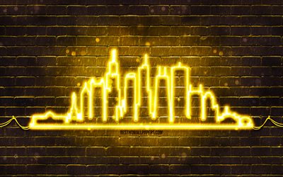 Chicago yellow neon silhouette, 4k, yellow neon lights, Chicago skyline silhouette, yellow brickwall, american cities, neon skyline silhouettes, USA, Chicago silhouette, Chicago
