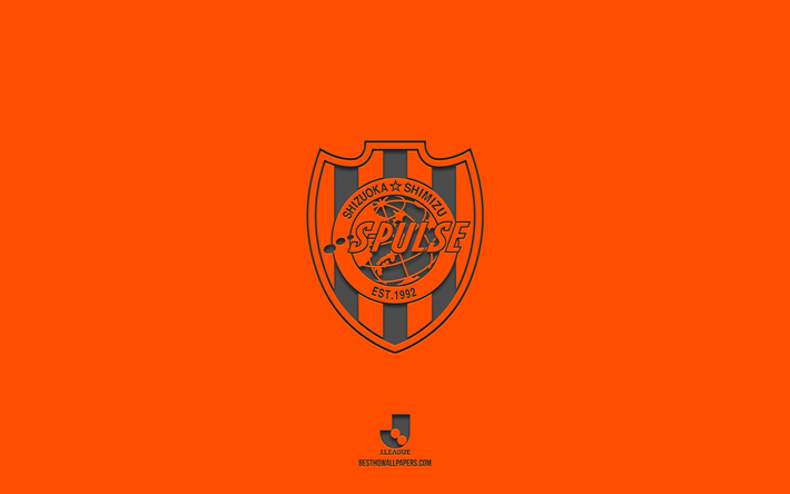 shimizu s-pulse, sfondo arancione, squadra di calcio giapponese, emblema shimizu s-pulse, j1 league, giappone, calcio, logo shimizu s-pulse